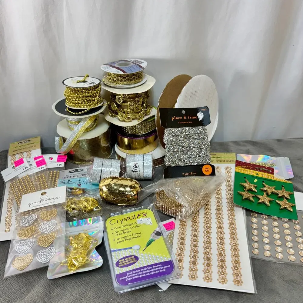 Metallic Gold Crafting Lot Bling Ribbon Embellishments Trim Jewels Gem Stickers